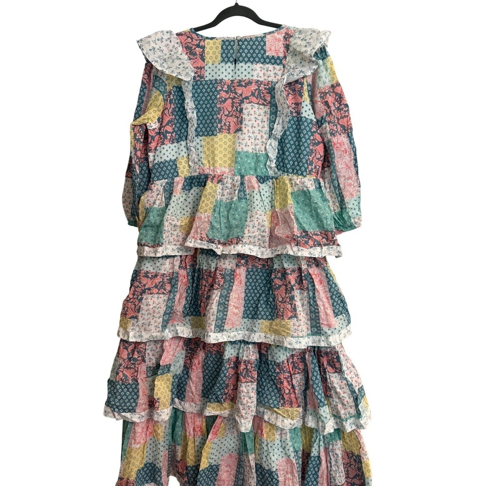 New Simply Southern Patchwork Tiered Maxi Dress Pink Teal Floral Large cottage - Picture 7 of 14